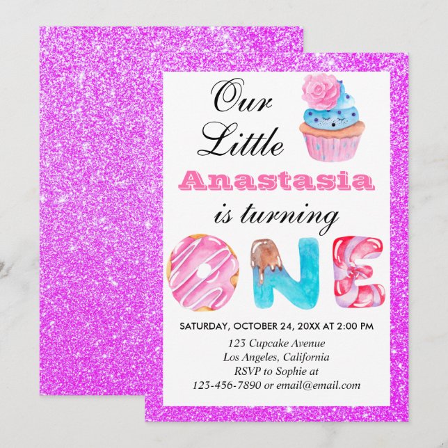 Little Cupcake Purple Glitter 1st Birthday One Invitation (Front/Back)