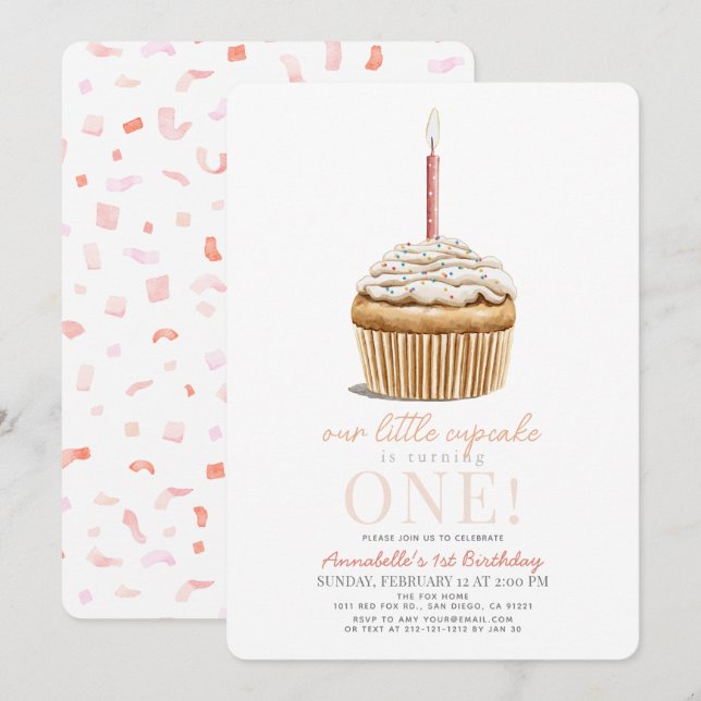 Little Cupcake Sprinkles Pink Girl 1st Birthday Invitation (Front/Back)