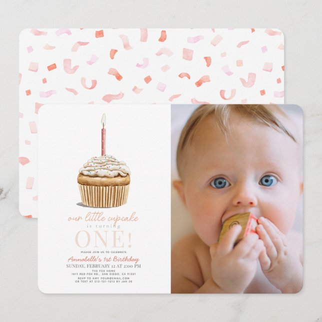 Little Cupcake Sprinkles Pink Photo 1st Birthday Invitation (Front/Back)