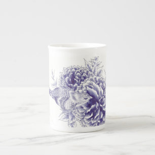 "Little Curiosity" Blue Bird and Peony Bone China Mug