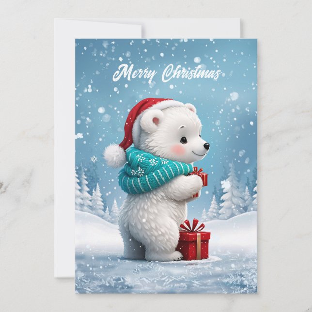 Little cute baby bear with Christmas hat Holiday Card (Front)