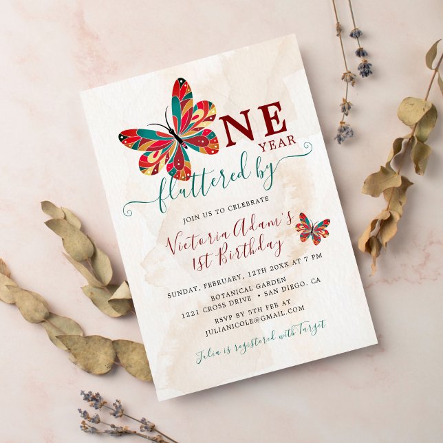 Little Cute Butterfly Flutter Photo First Birthday Invitation (Creator Uploaded)