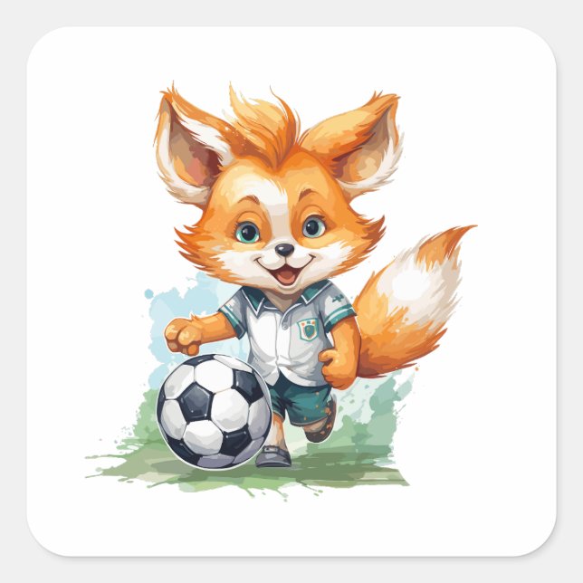Little Cute Fox Plays a Football Square Sticker (Front)