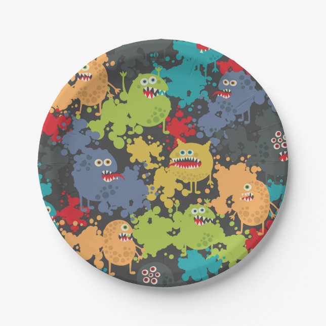 Little cute funny monsters paper plate (Front)