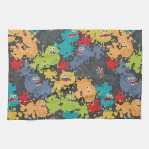 Little cute funny monsters tea towel
