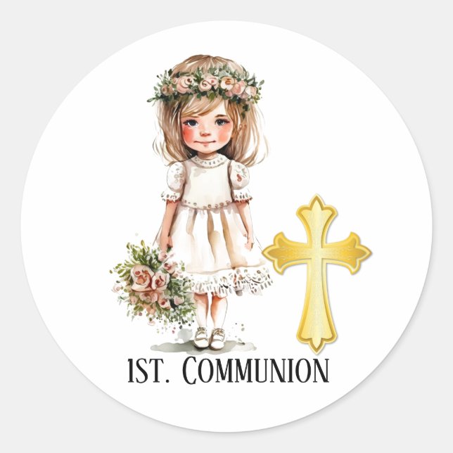 Little Cute Girl 1st Communion Classic Round Sticker (Front)