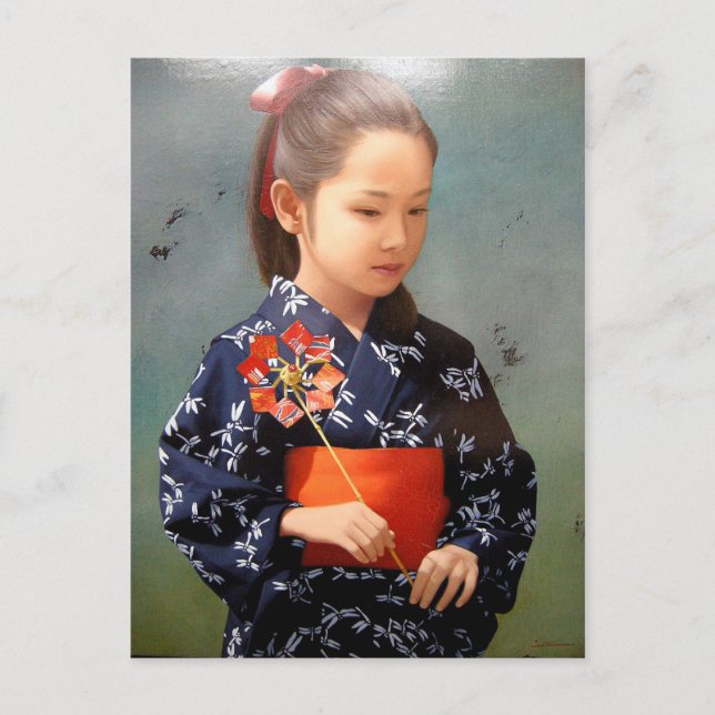 LIttle cute japanese girl kimono portrait painting Postcard (Front)