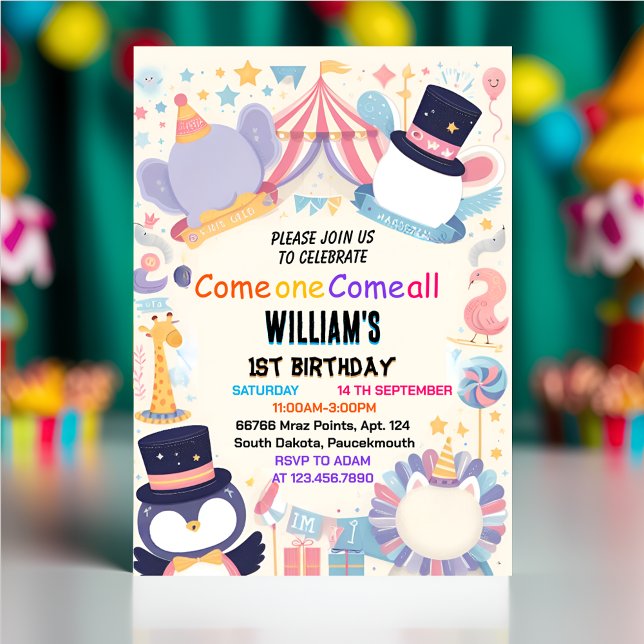 little cute kids Carnival Circus Show 1st Birthday Invitation (Creator Uploaded)