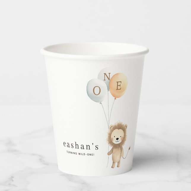 Little Cute Lion with Balloons 1st Birthday Party Paper Cups (Front)