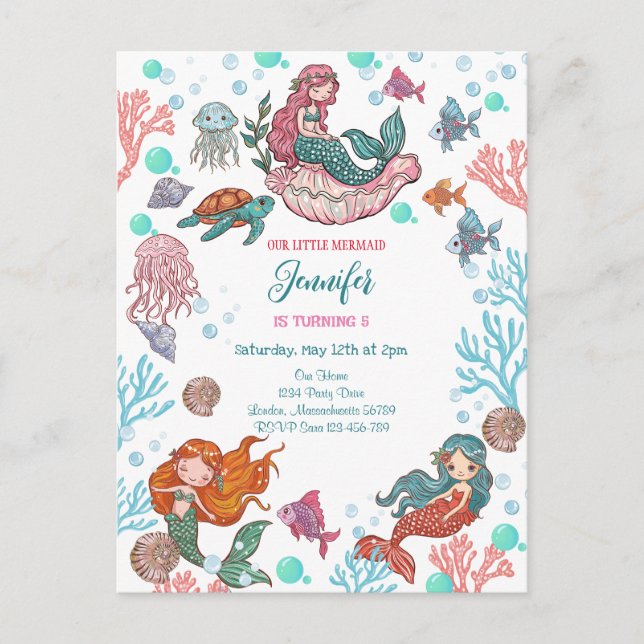 Little Cute Little Mermaids Birthday Invitation Postcard (Front)