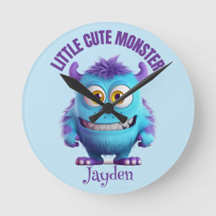 Little Cute Monster Purple Horns Personalised Round Clock