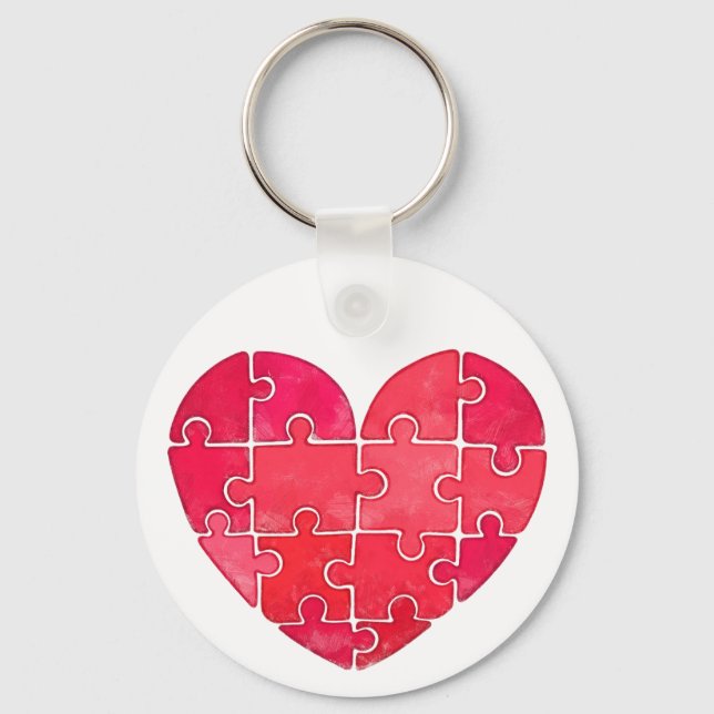 Little cute red puzzle heart watercolor key ring (Front)
