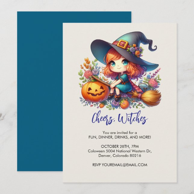 little cute witch dressed in blue, Halloween Invitation (Front/Back)