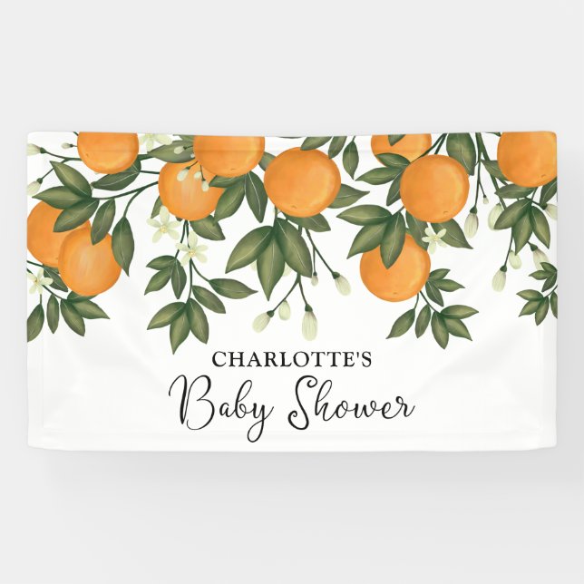 Little Cutie Baby Shower Citrus Orange Greenery Banner (Horizontal)