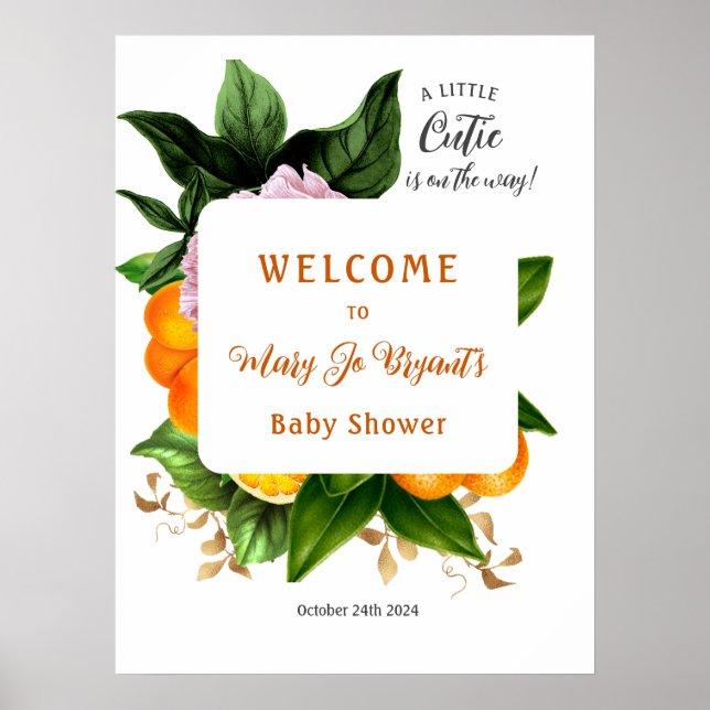 Little Cutie Baby Shower Floral and Fruit Poster (Front)