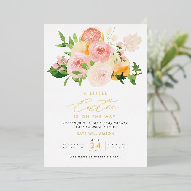 little cutie baby shower gold foil invitation (Standing Front)