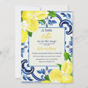 Little Cutie Blue Tile Lemon Fruit Baby Shower Invitation