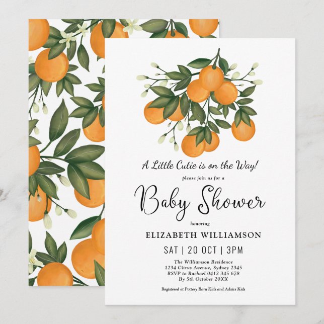 Little Cutie Botanical Citrus Oranges Baby Shower Invitation (Front/Back)