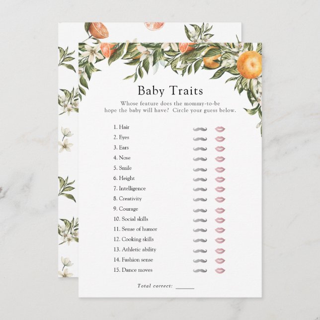 Little Cutie Citrus Baby Traits Shower Game Invitation (Front/Back)