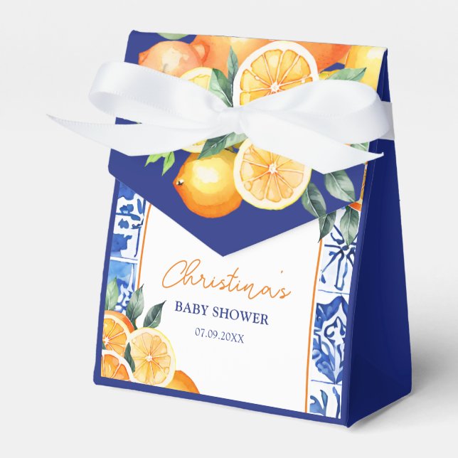 Little Cutie Citrus Blue Tiles Baby Shower Favour Box (Front Side)