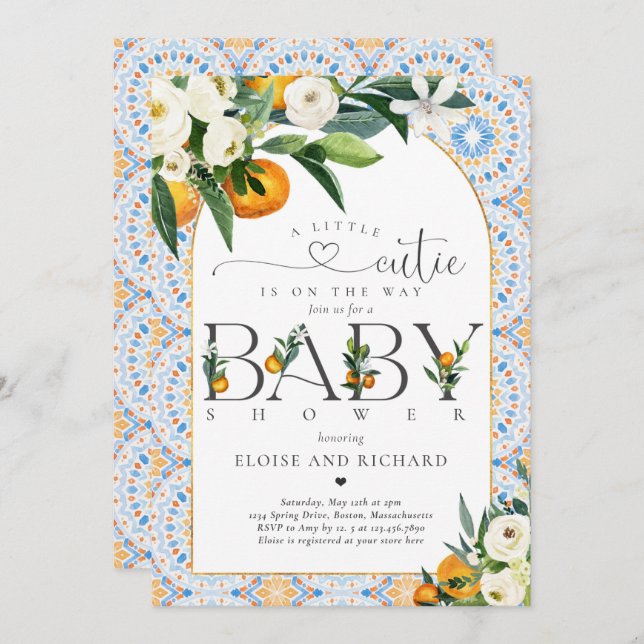 Little Cutie Citrus Botanical Orange Baby Shower Invitation (Front/Back)