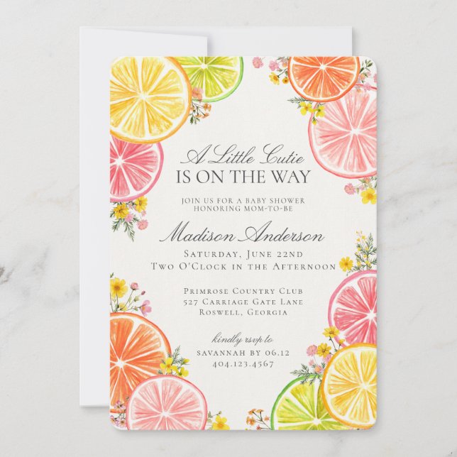 Little Cutie Citrus Floral Orange Baby Shower Invitation (Front)