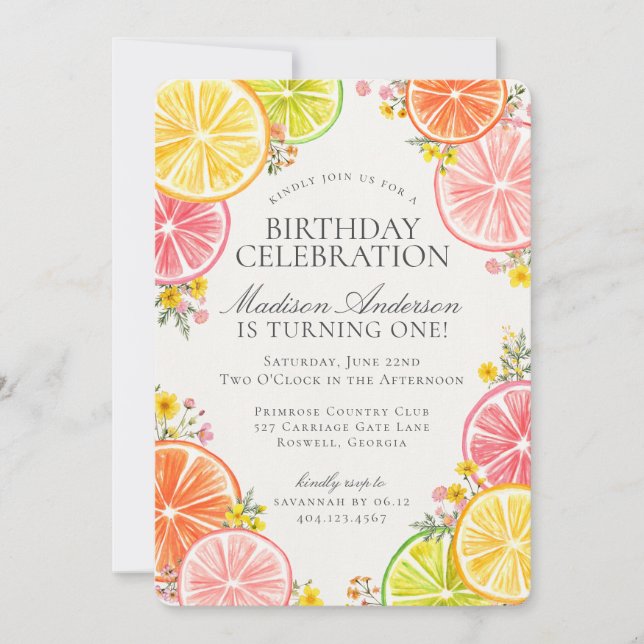 Little Cutie Citrus Floral Orange Birthday Party Invitation (Front)