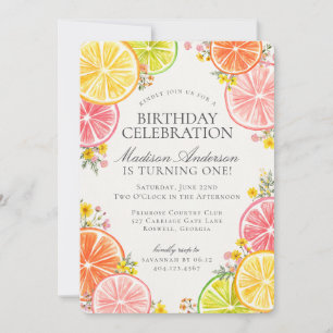 Little Cutie Citrus Floral Orange Birthday Party Invitation