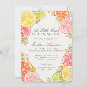 Little Cutie Citrus Floral Orange Birthday Party Invitation
