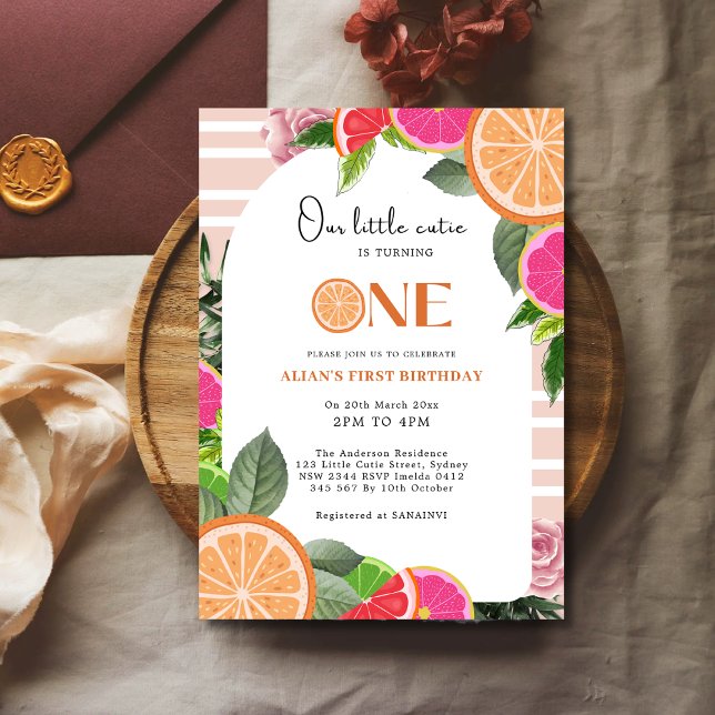 Little Cutie Citrus Fruits Floral 1st Birthday Invitation (Creator Uploaded)