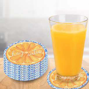 Little Cutie Citrus Orange Azulejo Baby Shower Round Paper Coaster
