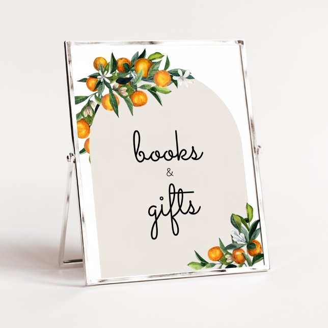 Little Cutie Citrus Orange Baby Books and Gifts Poster (Gender Neutral Citrus Baby Shower Books and Gifts Sign)