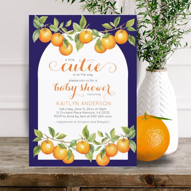 Little Cutie Citrus Orange Navy Blue Baby Shower  Invitation (Little Cutie Citrus Orange Clementine Baby Shower Invitation)