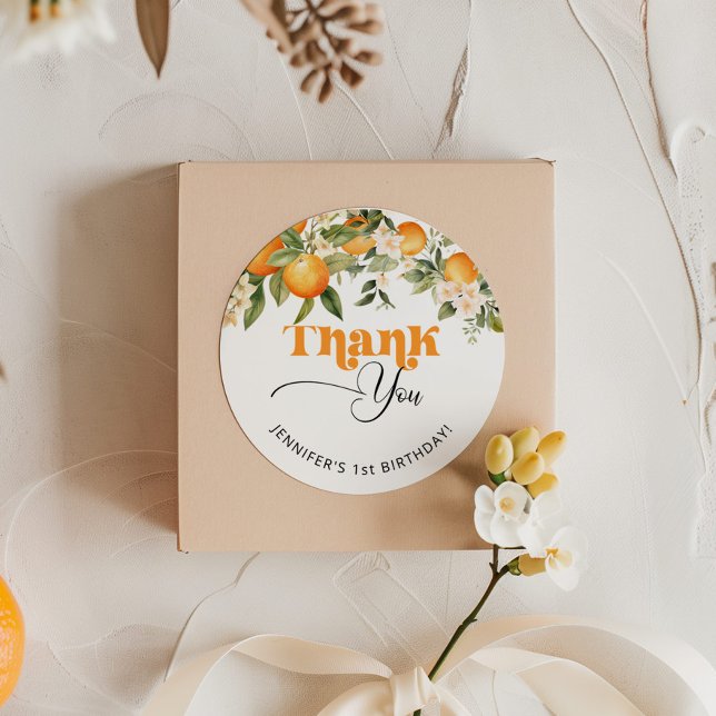 Little cutie citrus oranges birthday thank you classic round sticker (Creator Uploaded)