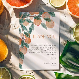 Little Cutie Citrus Oranges Green Leaf Baby Shower Thank You Card