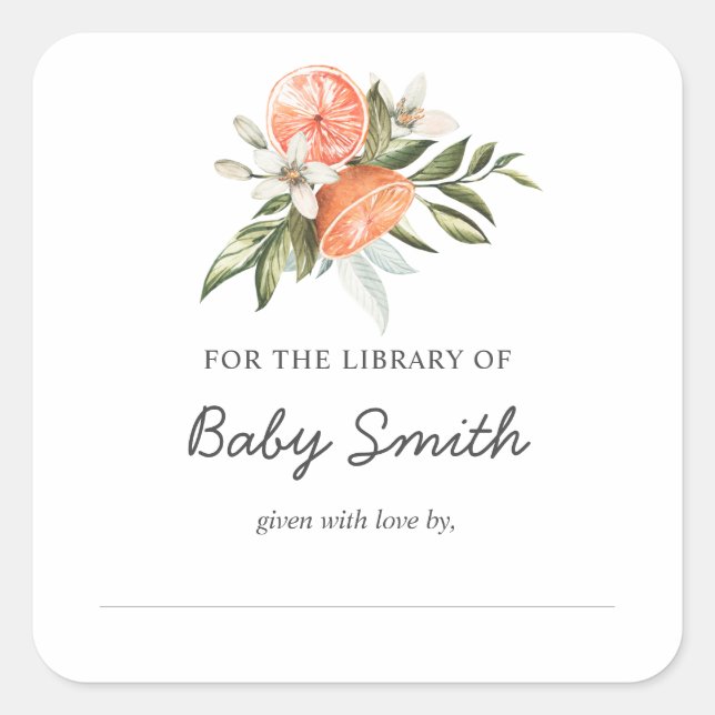 Little Cutie Clementine Baby Shower Bookplate Square Sticker (Front)