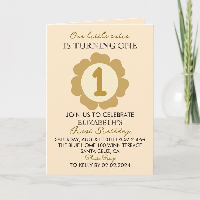 Little Cutie Gold Floral 1st Birthday Invitation C (Front)