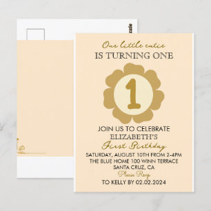 Little Cutie Gold Floral 1st Birthday Invitation C Postcard
