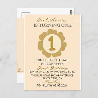 Little Cutie Gold Floral 1st Birthday Invitation C Postcard