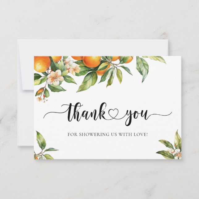 Little Cutie Greenery Citrus Orange Baby Shower Thank You Card (Front)