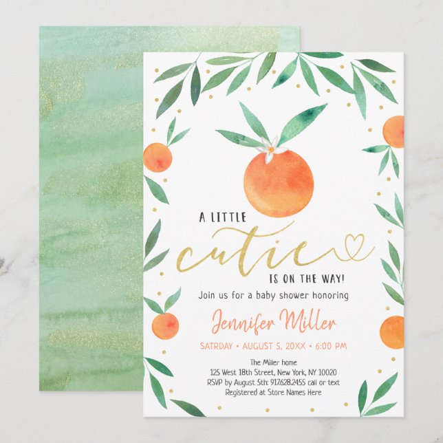 Little Cutie Greenery Gold Baby Shower Invitation (Front/Back)