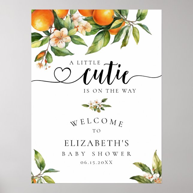 Little Cutie Greenery Orange Baby Shower Welcome Poster (Front)
