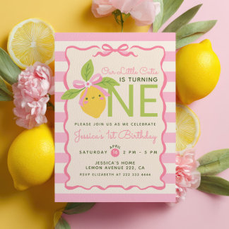 Little Cutie Lemon Fruit Pink 1st Birthday Party Invitation
