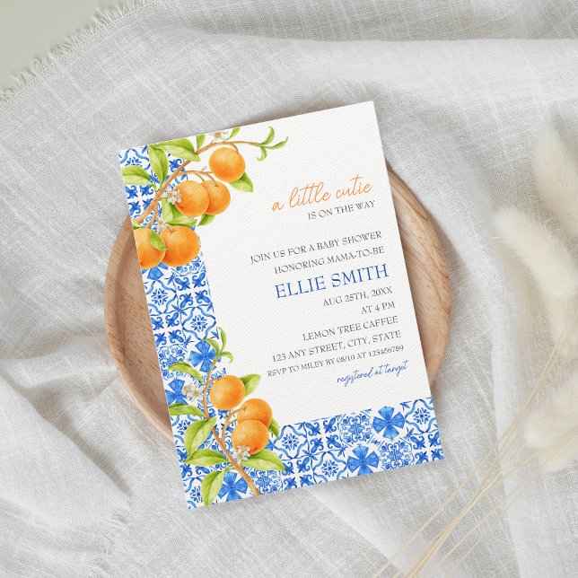 Little Cutie | Mediterranean Citrus Baby Shower  Invitation (Mediterranean tiles and tangerines baby shower invitation)