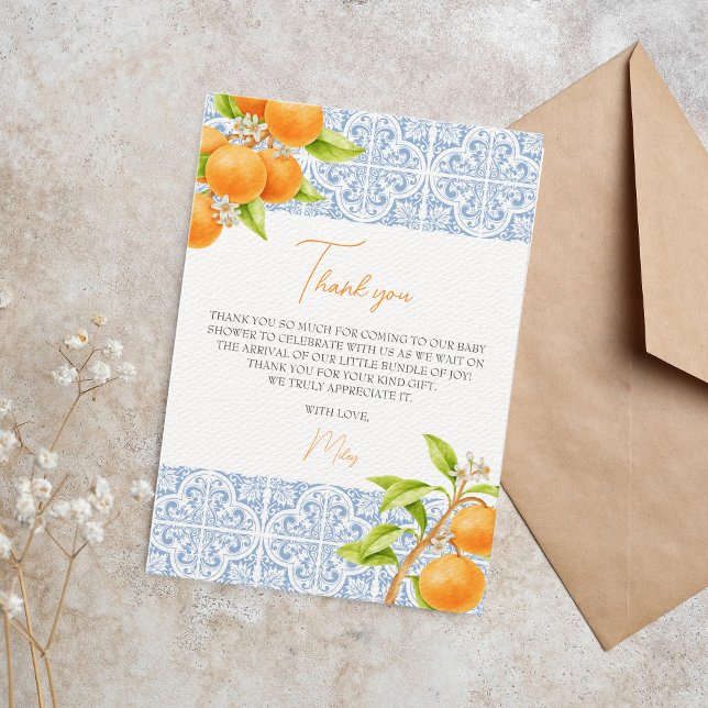 Little Cutie Mediterranean Tile Orange Baby Shower Thank You Card (thank you, little cutie baby shower)