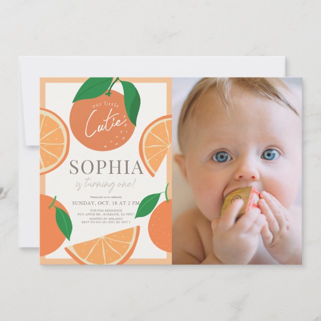 Little Cutie Modern Orange 1st Birthday Photo Invitation (Front)