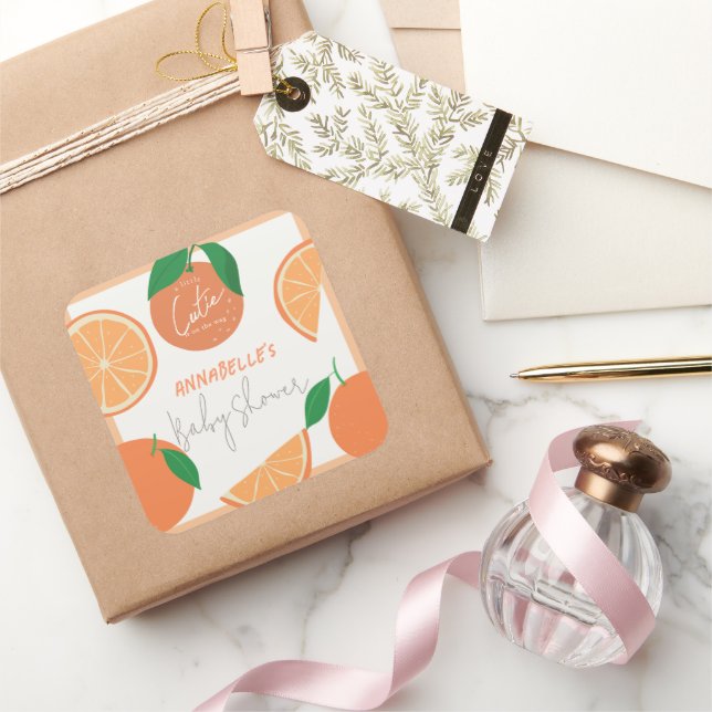 Little Cutie Modern Orange Baby Shower Square Sticker (Gifting)