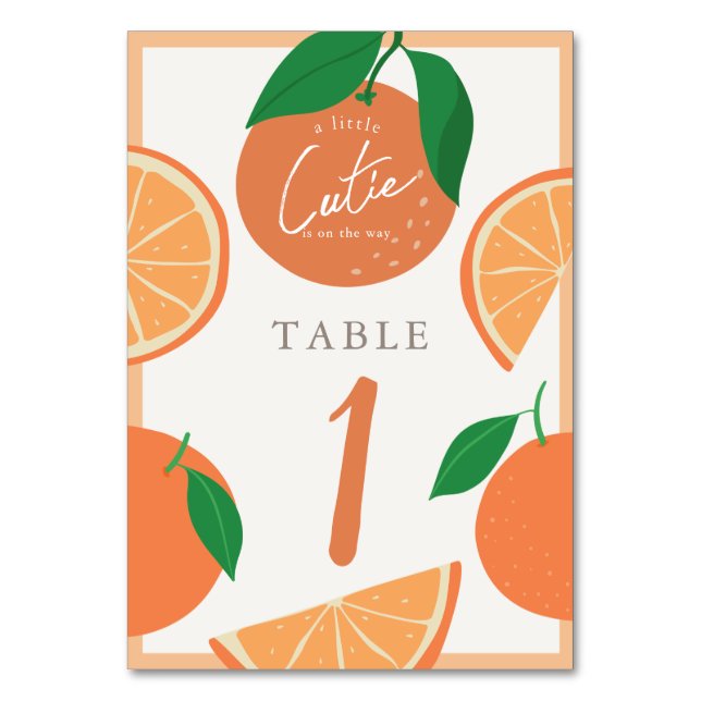 Little Cutie Modern Orange Baby Shower Table Number (Front)
