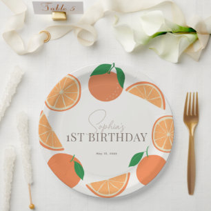 Little Cutie Modern Orange & Orange Slice Birthday Paper Plate