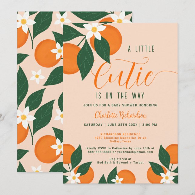 Little Cutie On The Way Citrus Orange Baby Shower Invitation (Front/Back)